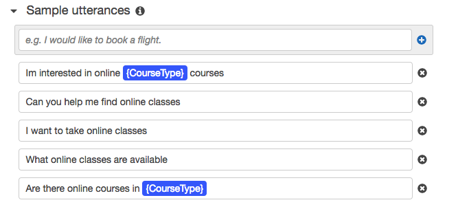example intent and utterances for a chatbot