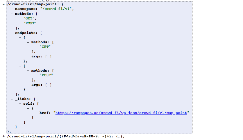 a screenshot of a WordPress API response with new namespaces added